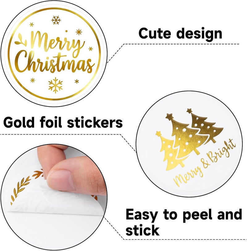 Alynta Merry Christmas Stickers - 2 Inch 120Pcs Gold Foil Holiday Stickers Merry and Bright Sticker Large Round Christmas Tree Snowflake Snowman Labels for Envelope Seals Cards Ornaments (White) - Image 3